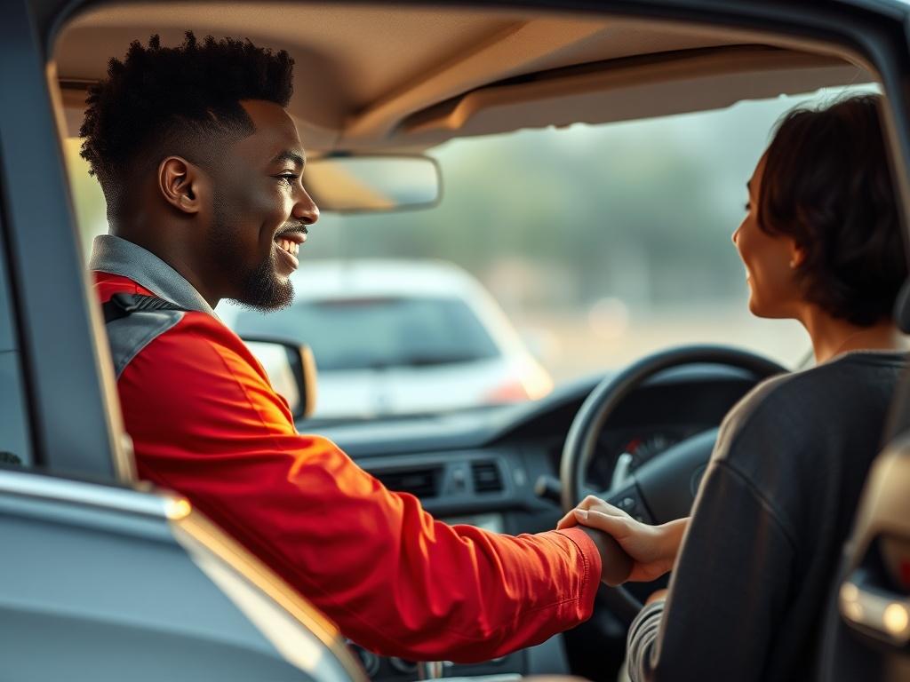 A friendly driver, a Black individual, greeting a customer at