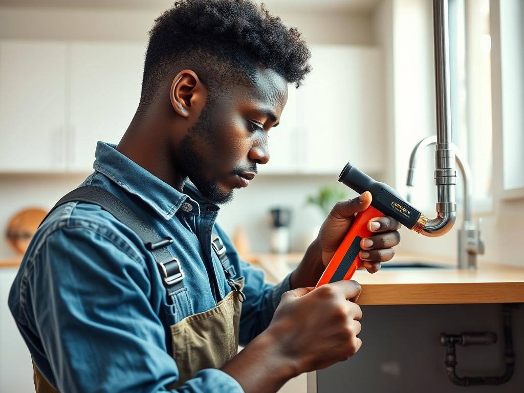 A professional contractor repairing a plumbing issue in a modern