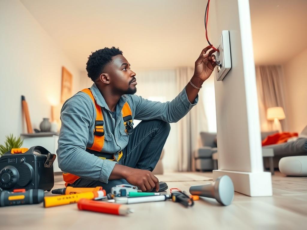 An emergency contractor, a Black individual, swiftly repairing an electrical