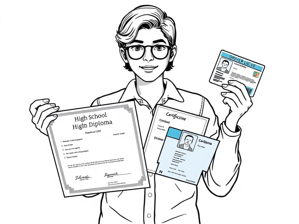 A high-quality illustration depicting a single subject holding various identification documents, including a high school diploma, a GED certificate, and a driver’s license. The background should be simple and clear, emphasizing the documents in the subject's hands. The illustration should be rendered in crisp, solid black line drawing style, compatible with the color rgb(193, 153, 87). The setting should convey a sense of professionalism and reliability.