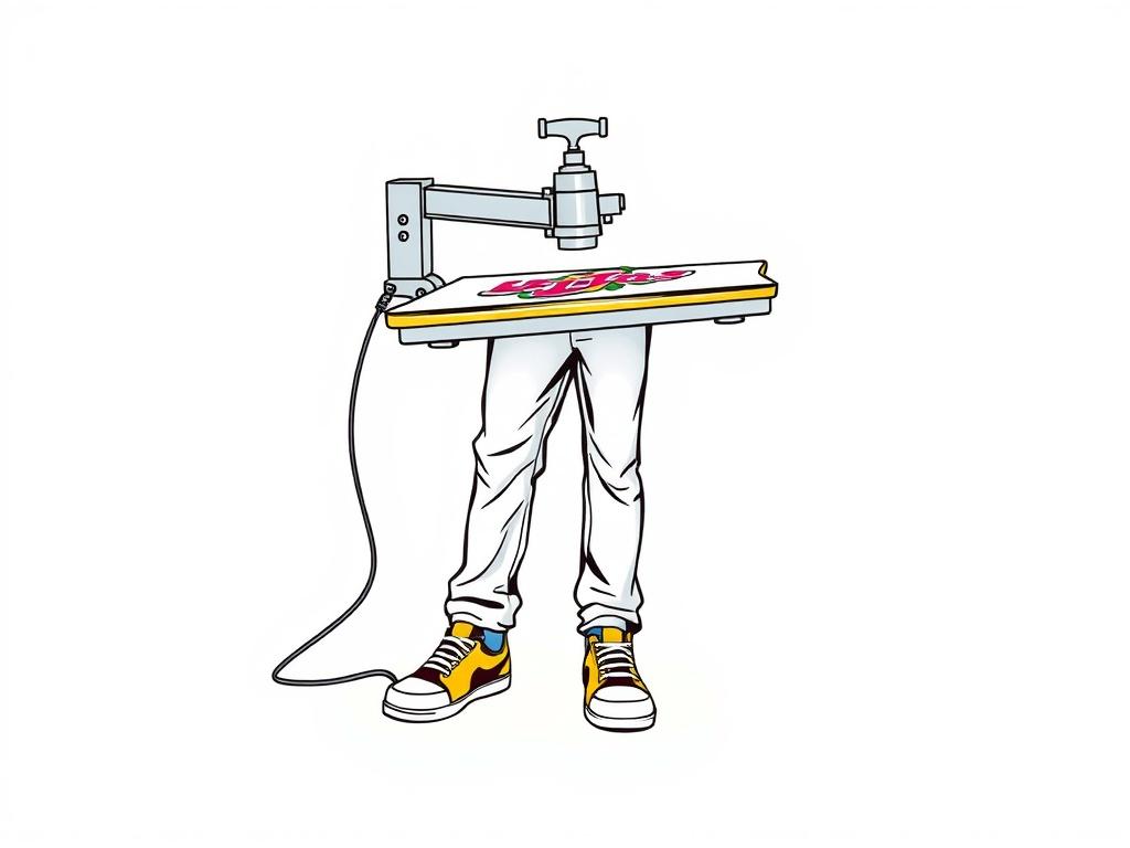A high-quality illustration of a heat press machine in action, pressing vibrant designs onto a pair of stylish pants and shoes. The composition should be simple, focusing on the heat press as the main subject, with a clean and minimalistic background to emphasize the pressing process. The colors should be vivid, showcasing the potential of custom designs. The overall style should be a crisp, solid black line drawing compatible with the rgb(193, 153, 87) primary color.