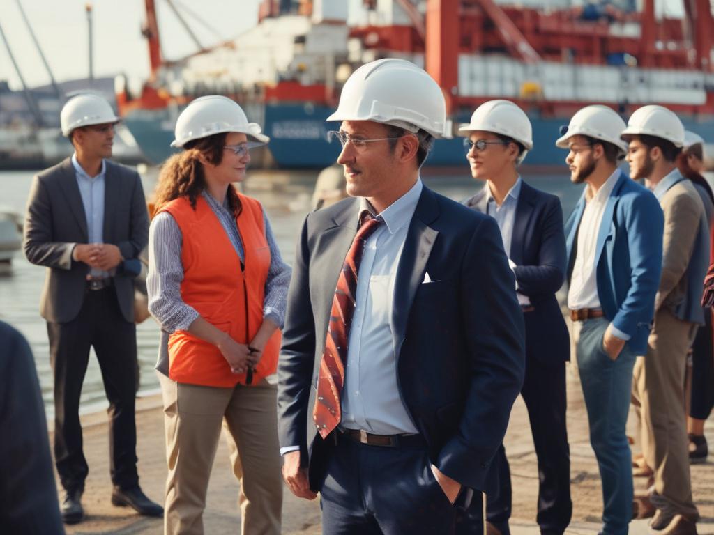 A close-up shot of a diverse group of marine stakeholders collaborating at a coastal port. The image showcases a vibrant atmosphere with individuals engaged in discussions, wearing professional attire. The background features a clear blue sky and the shimmering water of the port, emphasizing the connection between people and the marine environment. The image should have a hyper-realistic quality, shot with a 45mm f/1.2 lens style, enhancing details and depth.