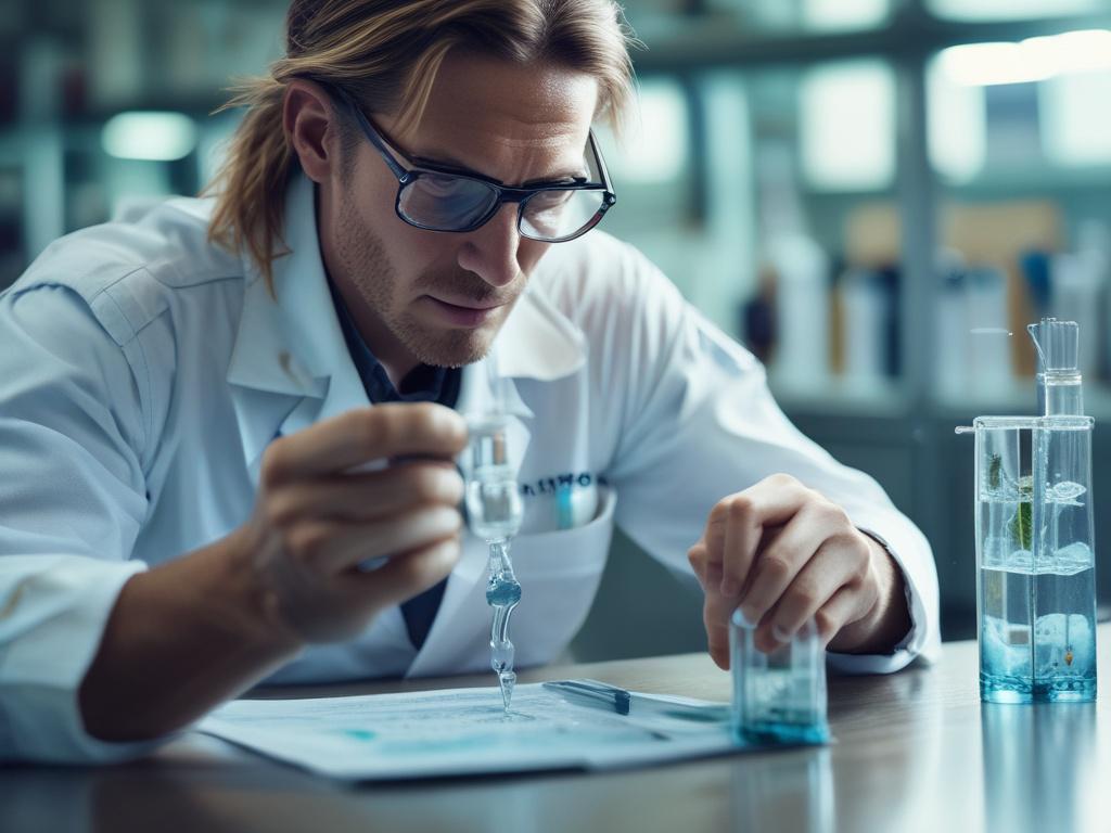 A hyper-realistic close-up of a marine biologist examining ocean water quality in a lab setting. The focus is on the biologist's hands holding a test tube with clear water, surrounded by scientific equipment. Soft natural light illuminates the scene, creating a calm and professional atmosphere. The background features blurred images of marine life posters and charts, adding context to the marine research environment.
