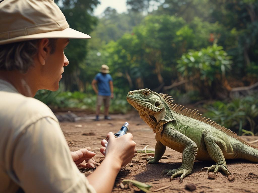 A realistic high-resolution photo depicting a trained professional conducting an iguana population assessment in a natural setting. The background should reflect lush tropical vegetation, capturing the essence of the environment while showing a caring approach to wildlife management.