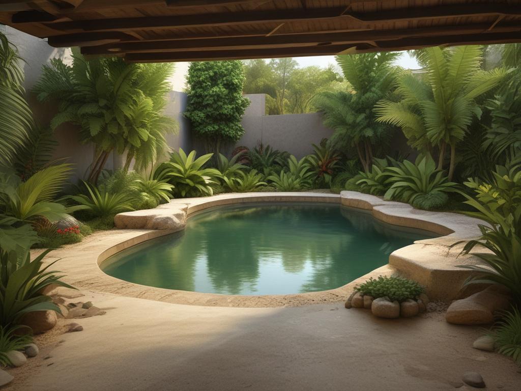 A realistic high-resolution photo of a neatly landscaped yard with a subtle but clear barrier that prevents iguanas from entering. The background features lush greenery and a tranquil environment, highlighting the beauty of a pest-free outdoor space.