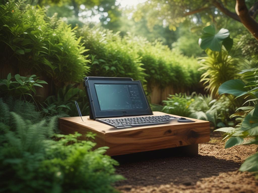 A realistic high-resolution photo showcasing a high-tech monitoring device set up discreetly in a lush garden. The background should include vibrant greenery and natural elements, emphasizing the integration of technology within a serene outdoor environment.