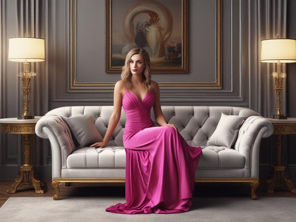 A beautiful, sophisticated escort in an elegant dress, sitting gracefully