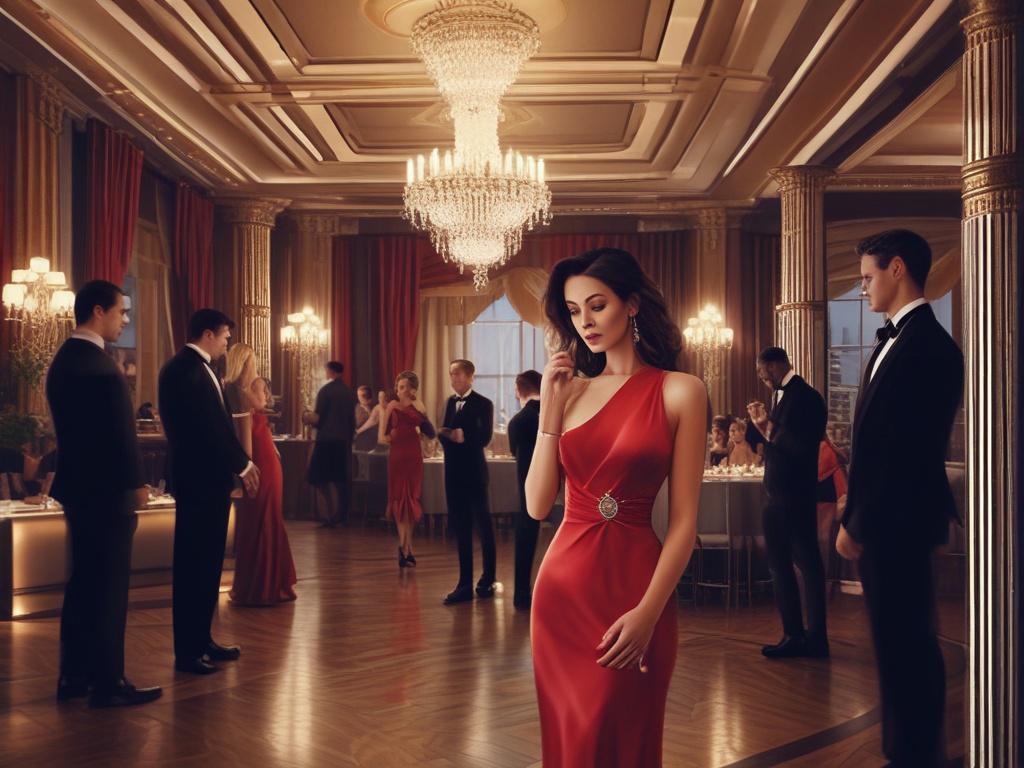 A glamorous escort socializing at an upscale party, elegantly dressed