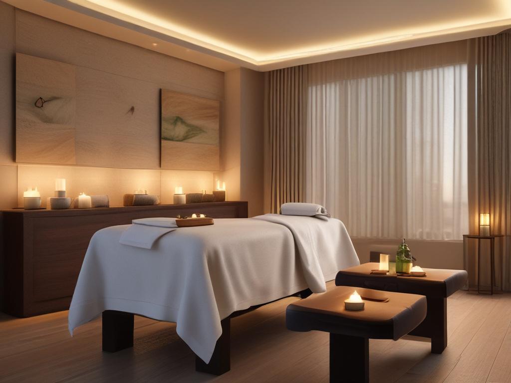 A serene spa setting featuring a tranquil massage table adorned