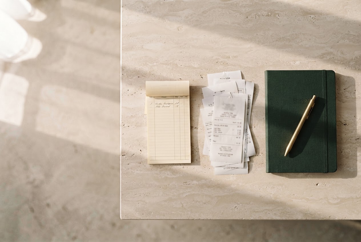 A paper ledger, receipts, and notebook arranged in warm morning light