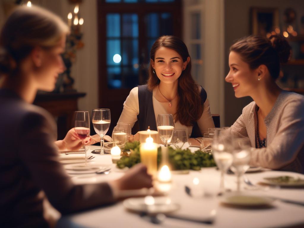 A close-up shot of a beautifully set dinner table with an elegantly dressed female companion engaged in conversation, smiling gently. The setting should be softly lit with candles and fine dining elements, creating a romantic and inviting ambiance, captured with a 45mm f/1.2 lens.
