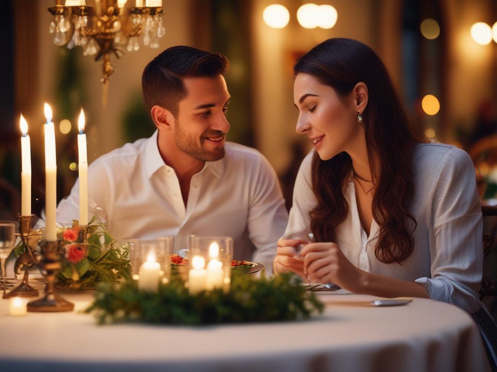 A charming couple enjoying a romantic dinner at a well-decorated table, soft candlelight ambiance, captured in a close-up shot with a 45mm f/1.2 lens.