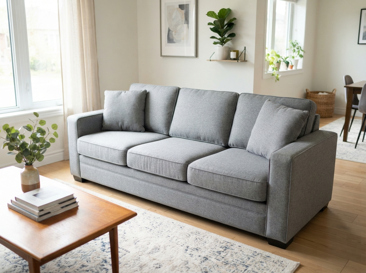 Before: dingy gray fabric sofa with stains and soiled cushions