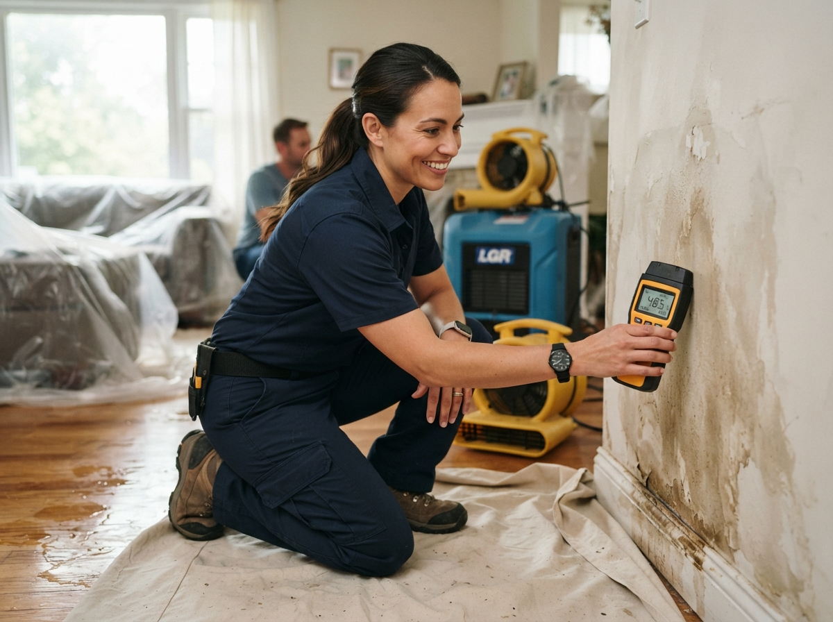 Hawks 360 technician in navy uniform using a moisture meter to assess water damage in a Maryland home