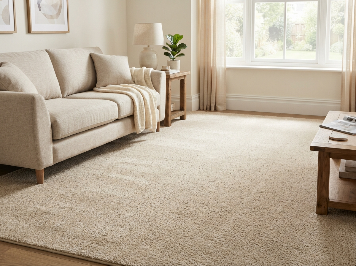 Before: soiled beige carpet with dark traffic lanes and stains near a sofa