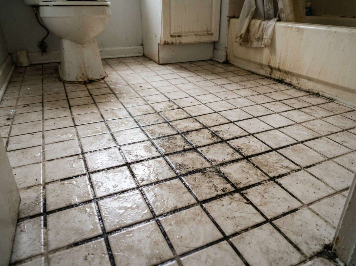 After: same tile floor deep cleaned with bright white grout lines