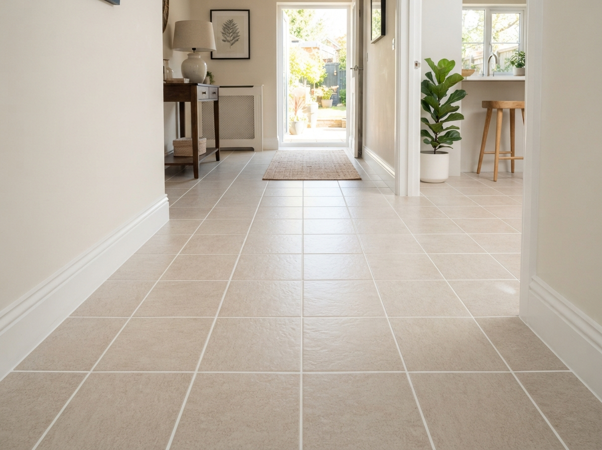 Before: tile floor with dark discolored grout lines