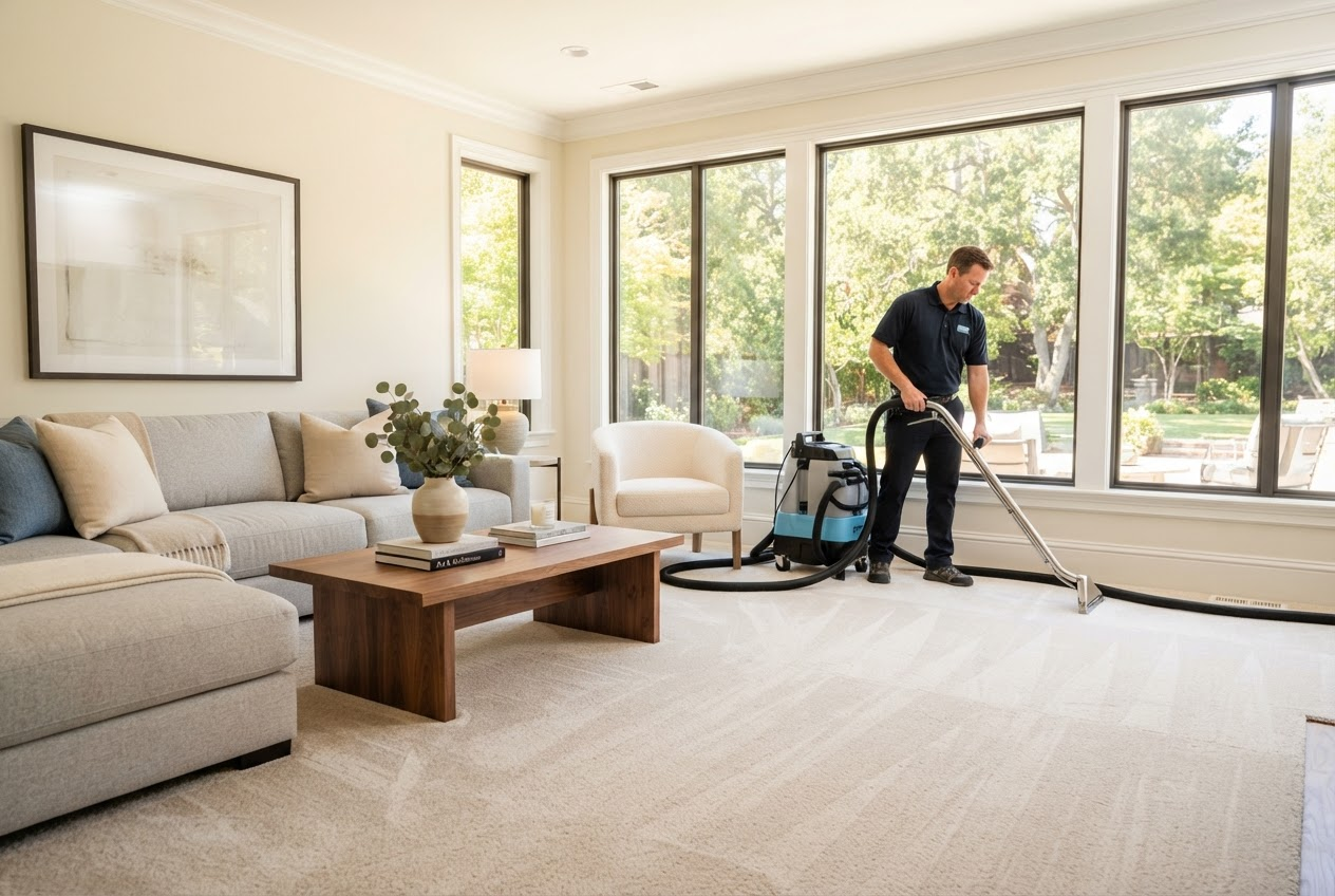 Hawks 360 technician professionally steam cleaning carpet in a bright, clean Maryland home living room
