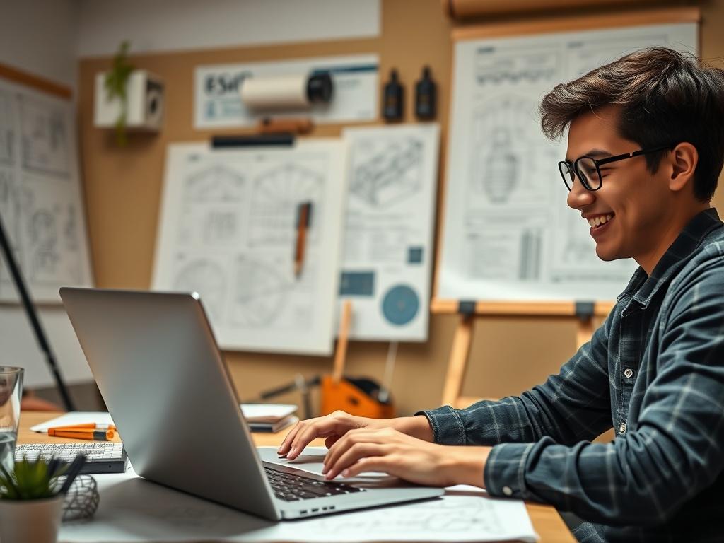 A focused close up shot of a student happily working