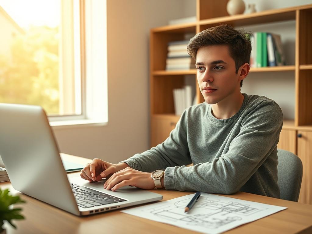 Create a highly detailed, realistic high-resolution image that captures the essence of a beginner's journey into CAD (Computer-Aided Design) software. Focus on a single subject: a young adult, sitting at a modern, clean desk, engaged in learning CAD software on a sleek laptop. Ensure the subject has an expression of curiosity and concentration, conveying the excitement of discovering new skills.

The desk should be organized but not cluttered, featuring a sketchpad with pencil drawings of architectural desi