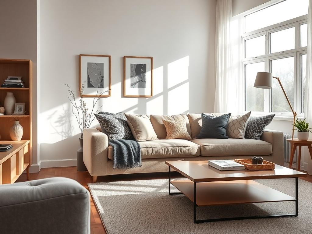 A beautifully clean living room with bright sunlight illuminating the