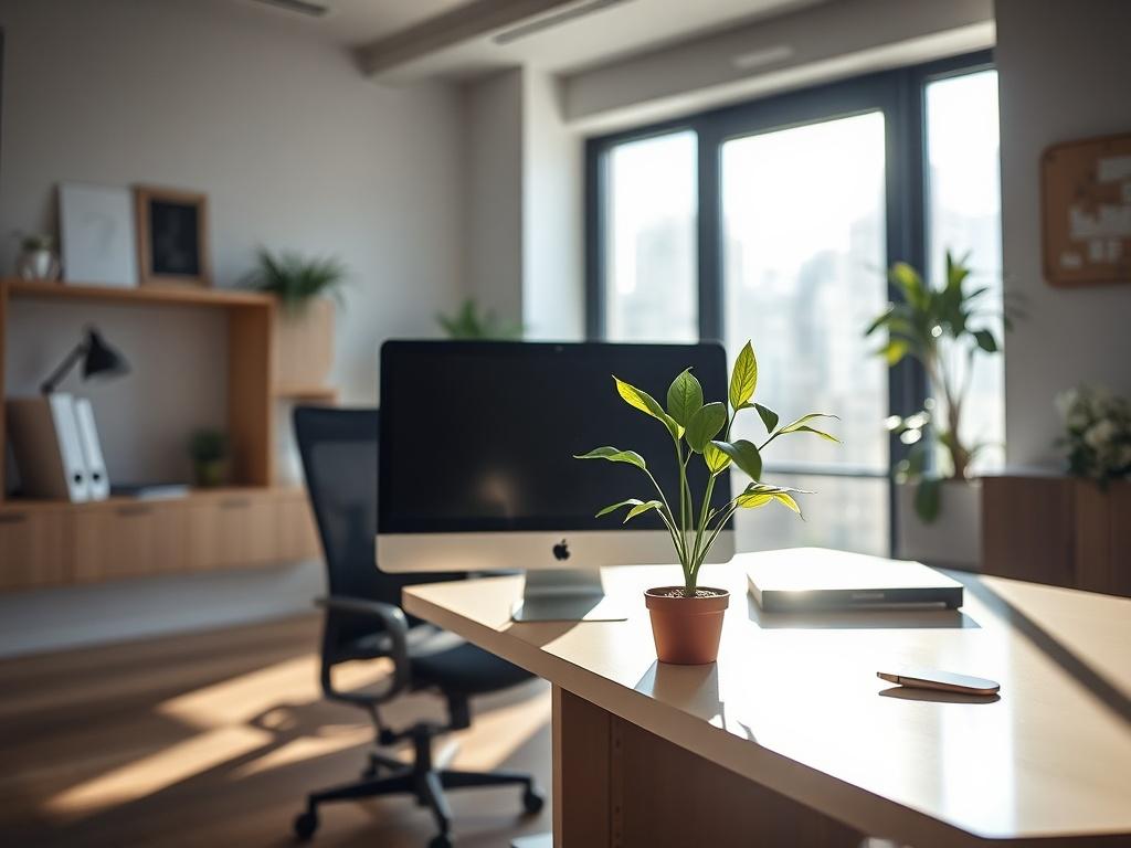A clean and shining office space, highlighting a desk with