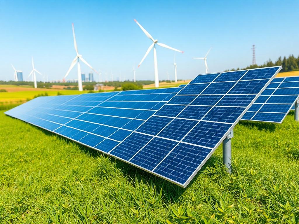 A hyper-realistic close-up shot of a renewable energy facility, showcasing solar panels and wind turbines in a vibrant green landscape. The focus should be on the sustainable energy solutions being implemented, with clear blue skies and a hint of industrial development in the background. The image should convey optimism and progress in energy technology, capturing the essence of innovative and sustainable energy systems.