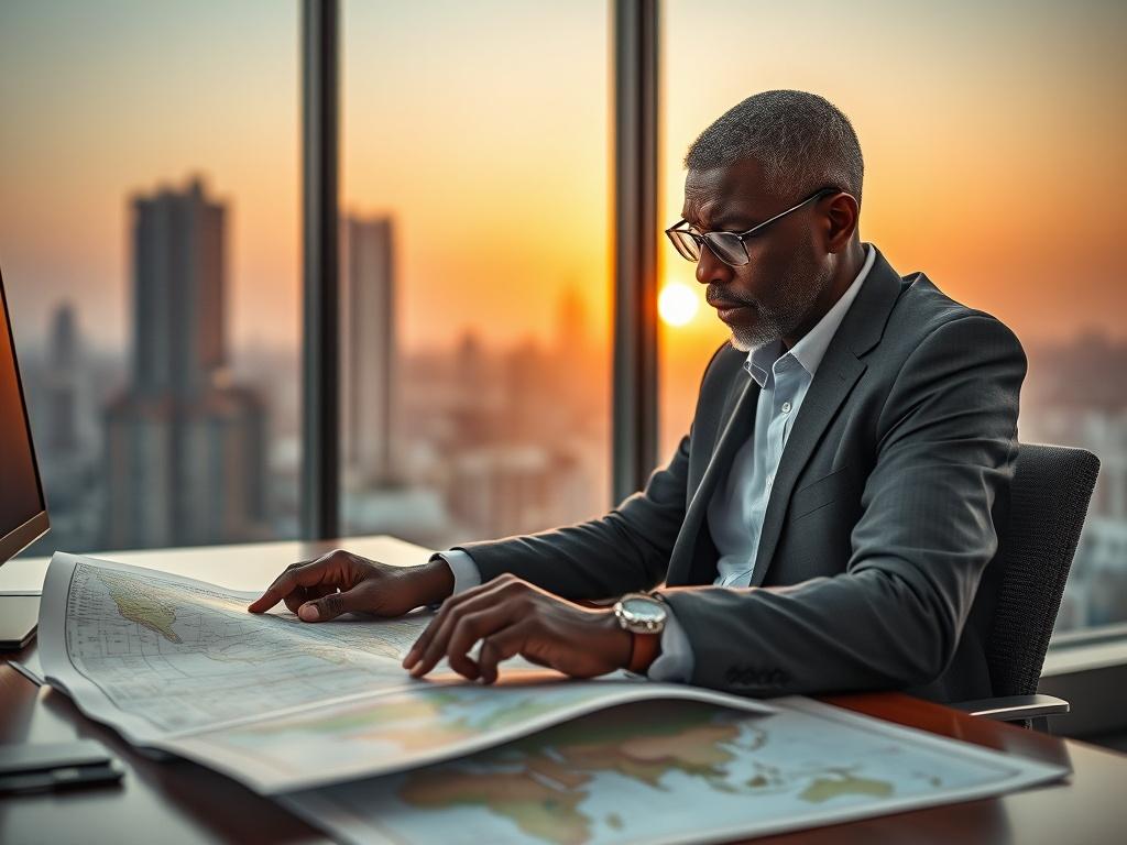 Create a realistic high-resolution photo focusing on a thoughtful African analyst sitting at a desk, deeply engaged in examining maps and reports about the geopolitical issues in the Sahel region. The analyst, a middle-aged man wearing a smart-casual outfit, is peering over a detailed map spread out before him, with a look of concentration on his face.

In the background, softly blurred, include a large window showcasing a sunset over a cityscape with towering buildings typical of a West African urban setti