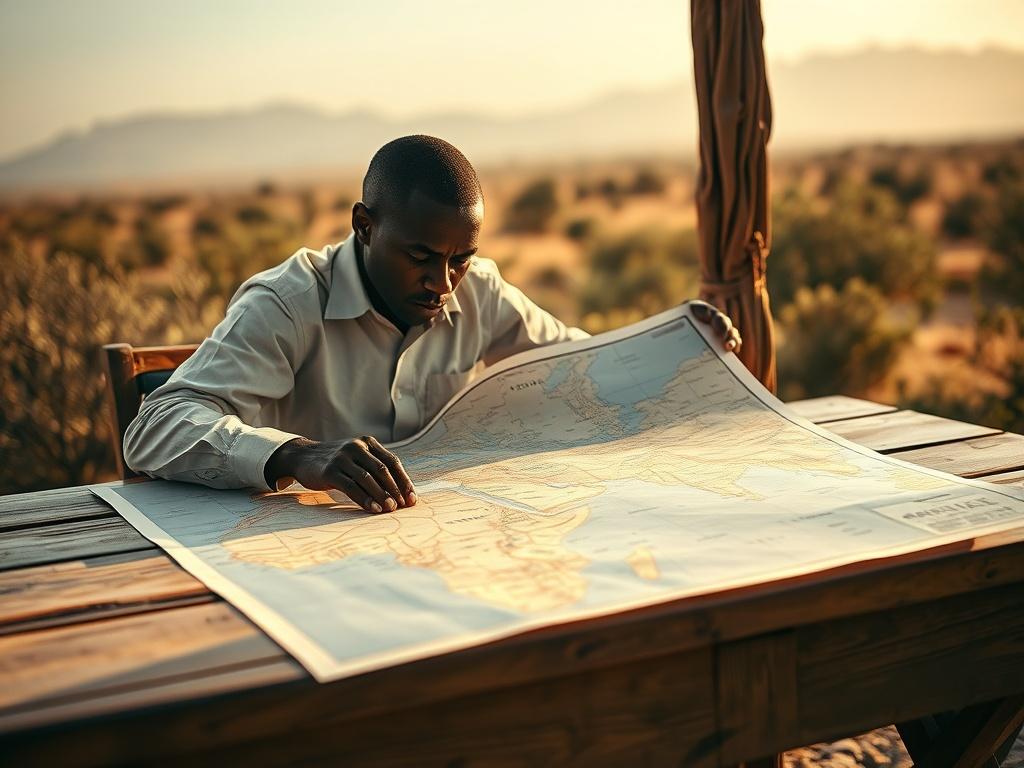 Create a realistic high-resolution photo that encapsulates the blog titled "Les Défis Géostratégiques du Sahel." The image should feature a solitary figure, an African scholar or analyst, deeply engrossed in a large map spread out before him. The subject is seated at a rustic wooden table, exuding a sense of contemplation and seriousness, reflecting the complexities of the geopolitical landscape in the Sahel region. 

The background should feature soft foliage typical of the Sahel's arid landscape, subtly s