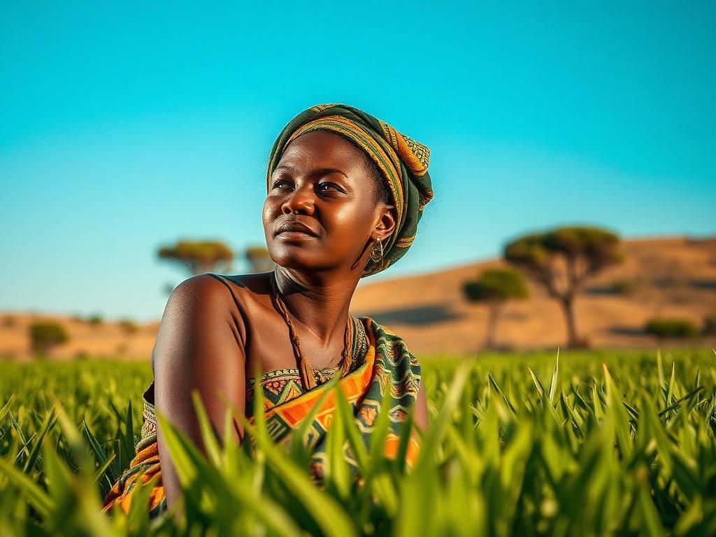 **Prompt for AI Image Generator:**

Create a realistic high-resolution photo that represents the theme "L'impact des stratégies de développement au Sahel." The composition should be simple and clear, featuring a single subject: a determined African woman in traditional attire, sitting peacefully in a lush green field that symbolizes newfound growth and prosperity. She should be looking thoughtfully into the distance, conveying hope and vision for the future.

The background should include elements that refl