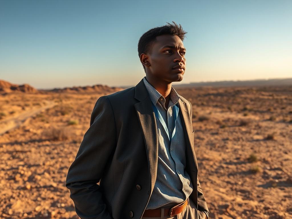 Create a realistic high-resolution photo that encapsulates the theme of "Les Défis Géostratégiques au Sahel." The composition should focus on a lone figure standing against the dramatic backdrop of the Sahel region, which is characterized by arid landscapes, sparse vegetation, and rugged terrain. 

The subject should be a thoughtful individual, perhaps a researcher or an analyst, dressed in professional attire that reflects their role in understanding and addressing geopolitical issues. They should be depic