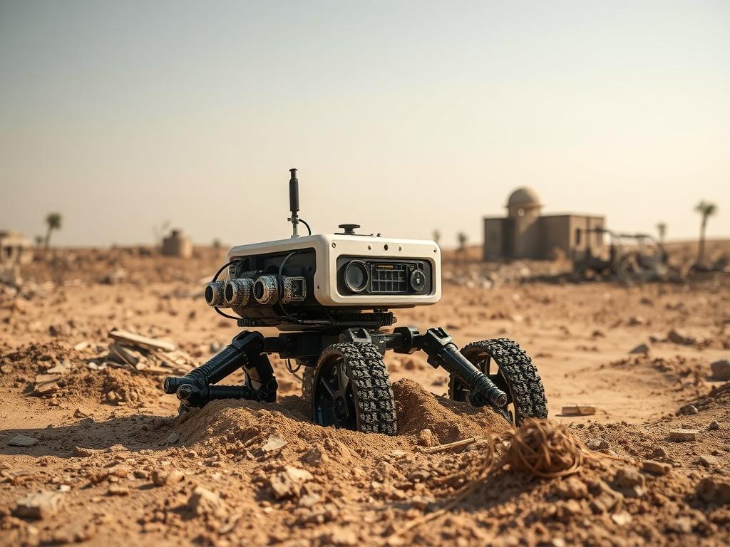 Create a highly realistic high-resolution photo depicting a robotic demining machine operating in a devastated landscape of the Sahel region, specifically illustrating its application in crisis situations within the Alliance des États du Sahel (AES). The image should feature the robotic machine as the sole subject, captured in a close-up view to emphasize its intricate design and functionality. The robot should be portrayed in action, sifting through the earth, with sensors and mechanical arms actively inte