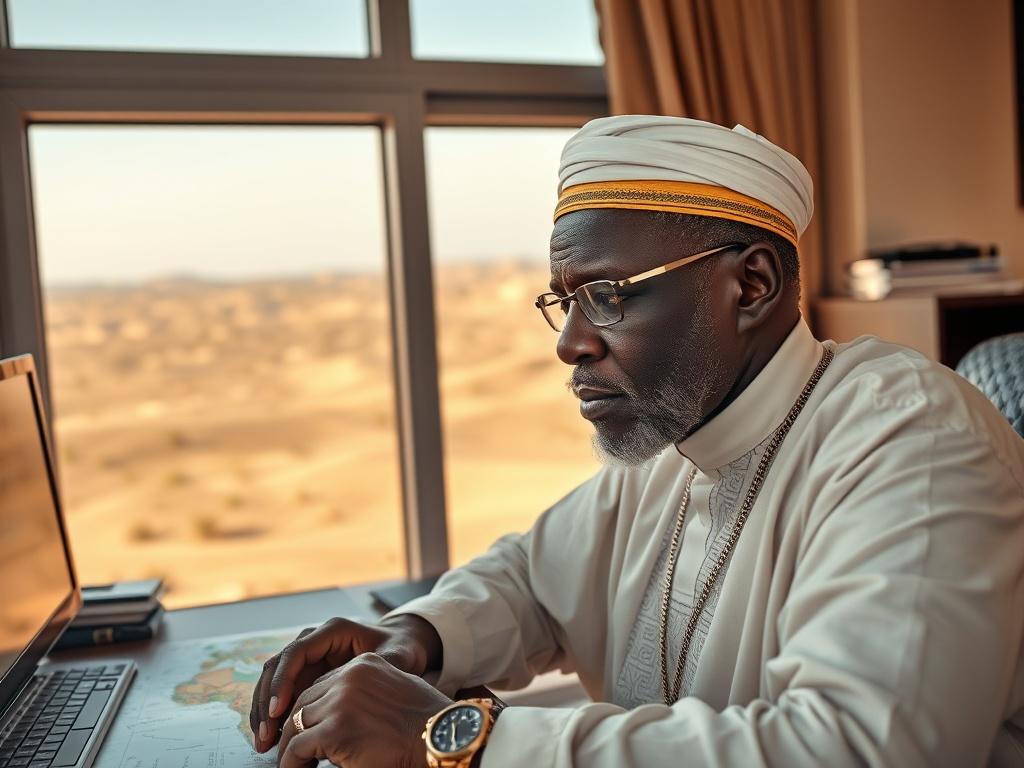 **AI Image Generation Prompt:**

Create a highly detailed, hyper-realistic high-resolution photo that captures the essence of the blog titled "Analyse des Enjeux Géostratégiques au Sahel." The image should feature a single, prominent subject: a seasoned African diplomat, dressed in traditional attire, engaged in deep contemplation. The diplomat should be sitting at a desk covered with maps of the Sahel region, highlighting geopolitical hotspots and routes.

The background should depict a window overlooking 