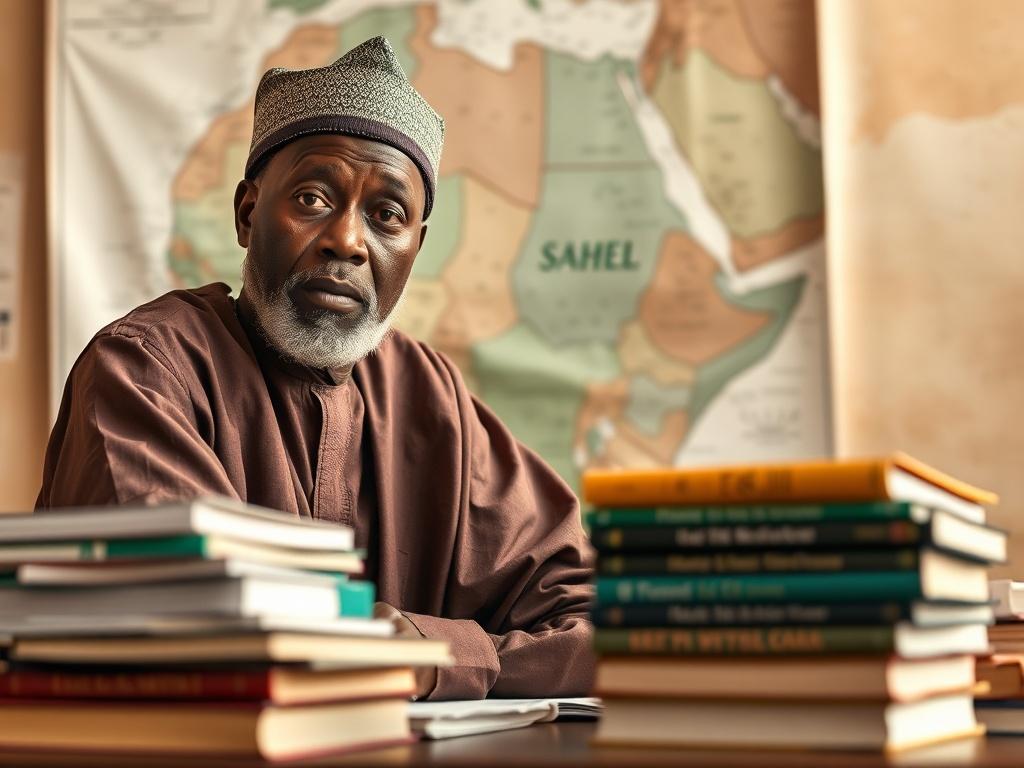 Create a realistic high-resolution image that embodies the theme "Les Enjeux Politico-Économiques au Sahel." The composition should be simple and clear, featuring a single subject in the foreground: a thoughtful African scholar or researcher, a middle-aged man, wearing traditional Sahelian attire (such as a boubou), sitting at a desk piled with books on economic theories and political studies. His expression should convey deep contemplation and focus, reflecting the importance of understanding the political
