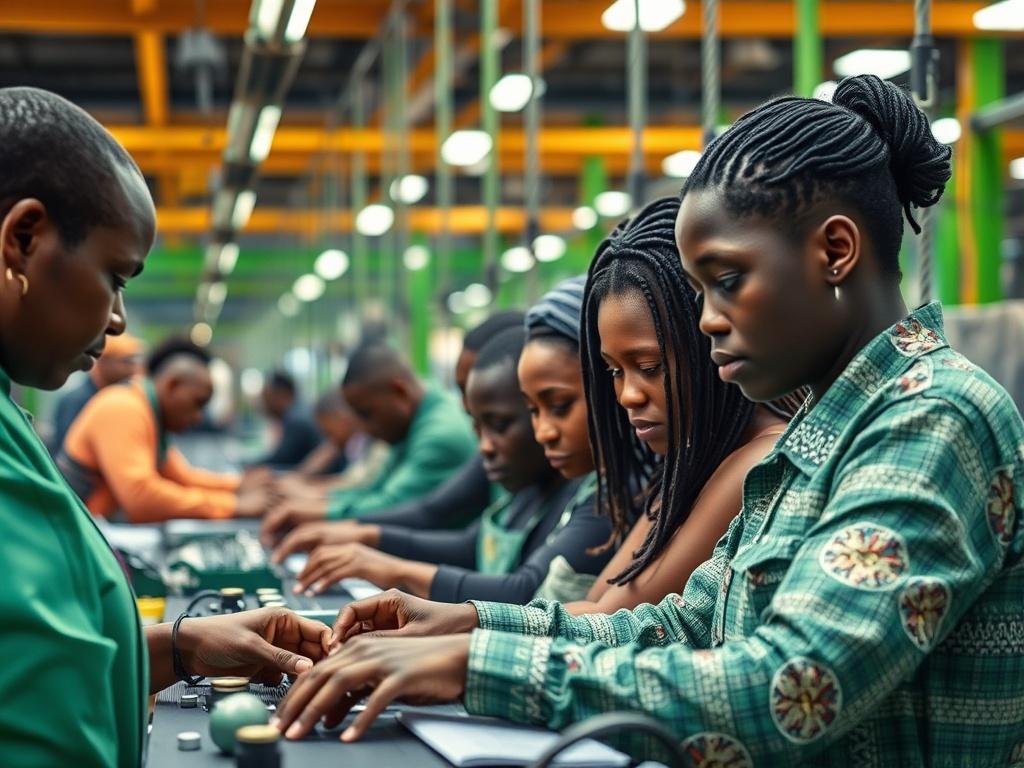 A hyper-realistic close-up shot of a manufacturing facility in Africa, showcasing workers in action on production lines. The background should depict elements of technology and innovation, such as modern machinery and equipment, with a vibrant green color scheme, emphasizing growth and sustainability. The focus should be on the collaborative efforts of diverse workers, highlighting the essence of industrialization in promoting economic development.