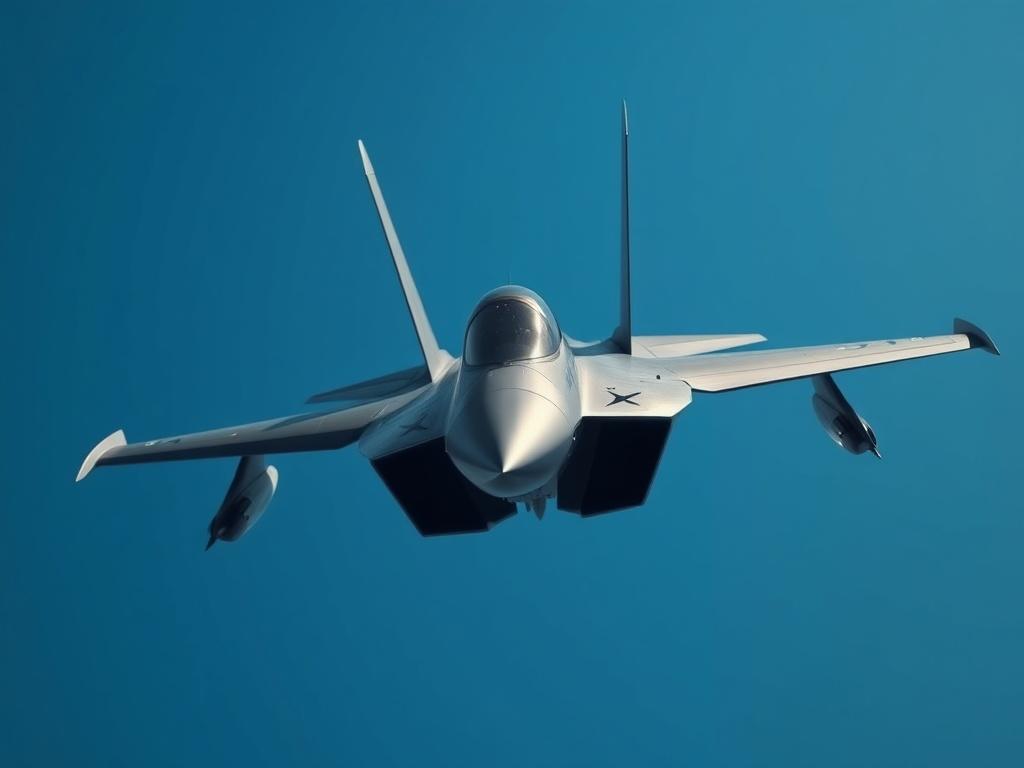 **Prompt for AI Image Generator:**

Create a stunningly realistic high-resolution photo of a military aircraft in a clear blue sky. The aircraft should be a sleek jet fighter, prominently featuring its aerodynamic design and sharp angles. Capture the image with a close-up shot that highlights the details of the aircraft, such as the cockpit, wings, and insignia. The background should be a gradient of deep blue, transitioning to a lighter shade toward the horizon, ensuring that the focus remains solely on th