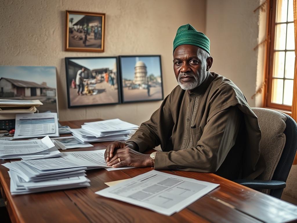 Create a highly realistic high-resolution image focused on a single subject that embodies the essence of economic challenges in the Sahel region. The composition should feature a middle-aged West African man, wearing traditional attire, sitting at a worn wooden desk covered with scattered papers and reports. His expression should reflect concern and contemplation, emphasizing the weight of the economic issues he faces. 

In the background, include a textured wall that suggests a modest office environment, w