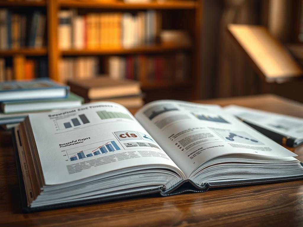 A high-resolution image showcasing an open book with detailed case studies on a wooden desk. The focus should be on the book's pages showing graphs and illustrations of successful development projects. The background should be softly blurred to emphasize the book, with warm natural light illuminating the scene, creating a scholarly atmosphere.