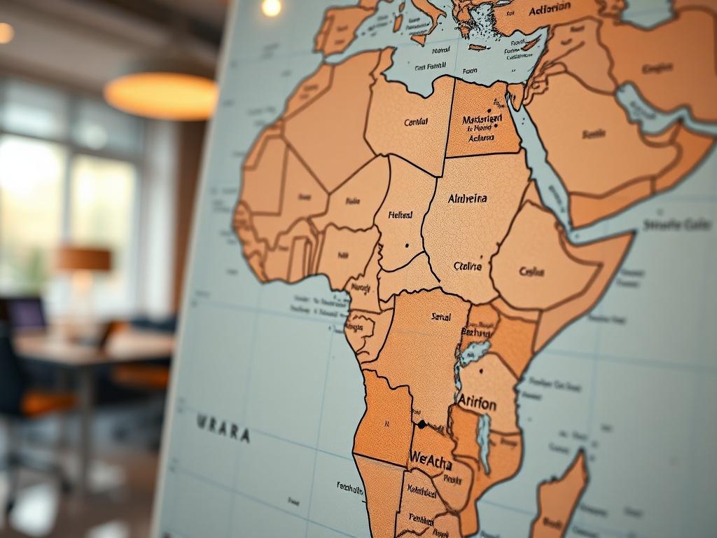 A close-up shot of a geopolitical map with highlighted regions in Africa, showcasing various international borders and key cities. The background should be a soft-focus of a modern office environment, reflecting a professional analytical atmosphere. The image should capture a sense of strategic planning and insight, with warm lighting to enhance the focus on the map.