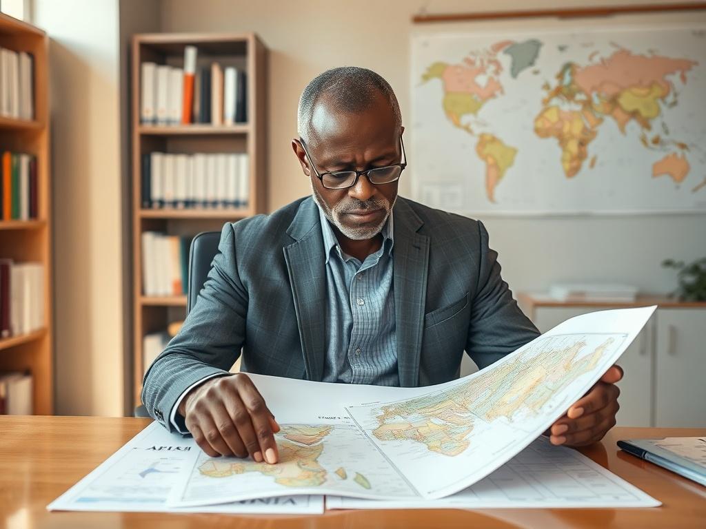 **Prompt for AI Image Generator:**

Create a highly realistic, high-resolution photograph focusing on a single subject that embodies the theme "Analyse des enjeux géostratégiques au Sahel." The composition should be simple and clear, featuring a solitary person, a thoughtful African analyst, seated at a desk in a minimalistic office environment. This analyst, a middle-aged man wearing smart casual attire, should be deeply engaged while reviewing detailed maps and geopolitical diagrams spread out in front of