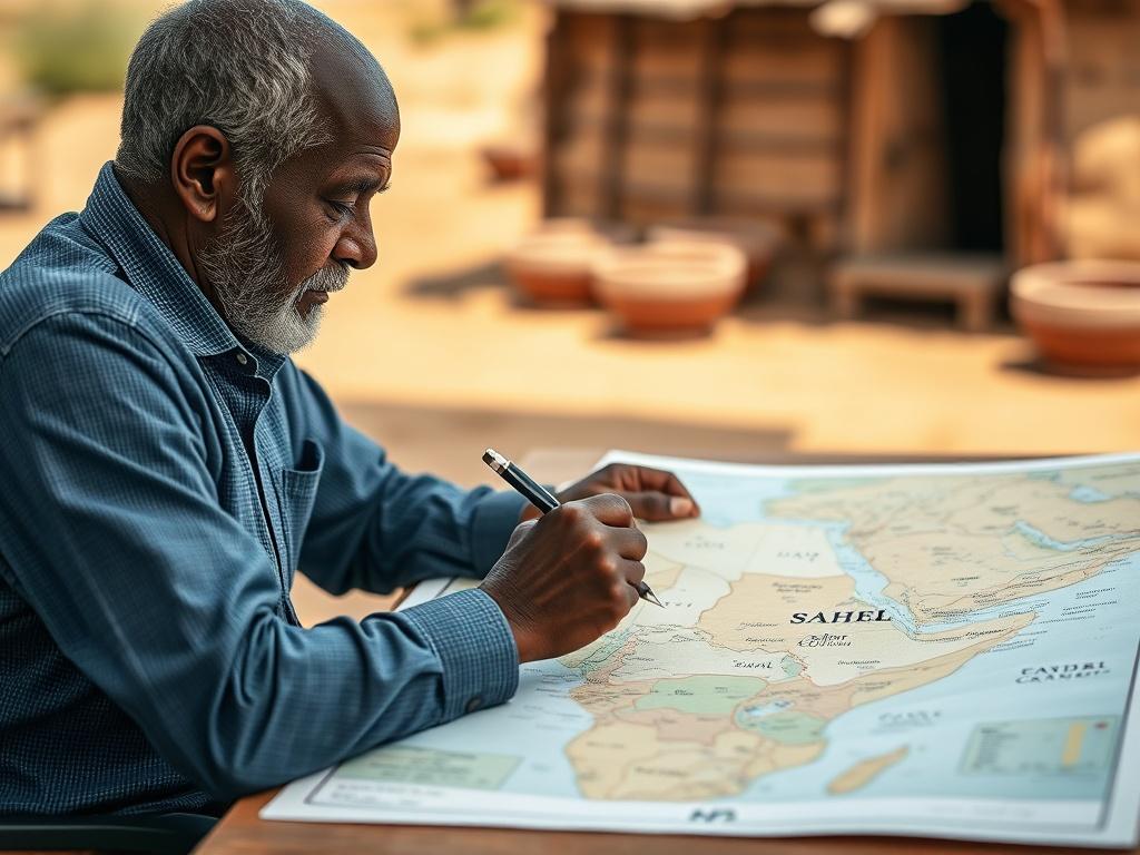 Create a highly realistic high-resolution photo focusing on the challenges of geopolitical issues in the Sahel region. The image should prominently feature a skilled researcher or analyst, a single subject, sitting at a desk or outdoor workspace, deeply engrossed in studying a detailed map of the Sahel area spread out before them. 

The researcher, a middle-aged African man or woman, should display a thoughtful expression, perhaps with a pen in hand, engaging in analysis. The background should highlight ele