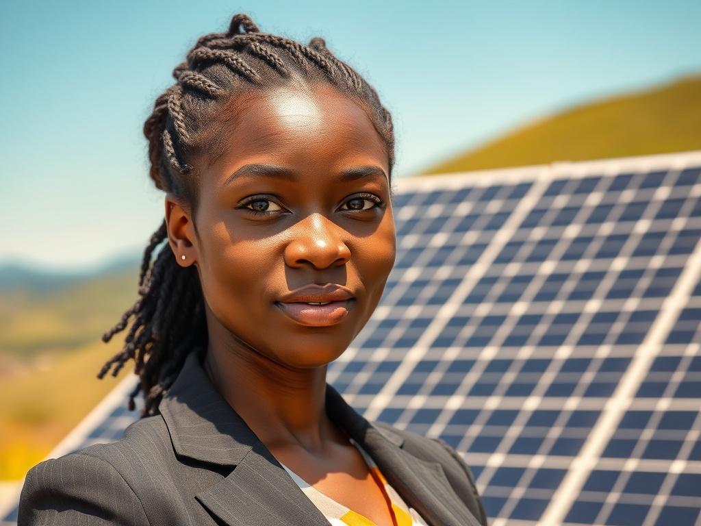 Create a realistic high-resolution photo focused on a single, compelling subject that embodies the theme "Le solaire pour le développement." The image should feature a confident, young African woman standing in front of a solar panel installation. She should be dressed in professional attire, symbolizing her role as an advocate for renewable energy in her community. The background should showcase a clear blue sky and rolling green hills, emphasizing the harmony between nature and solar energy.

The composit