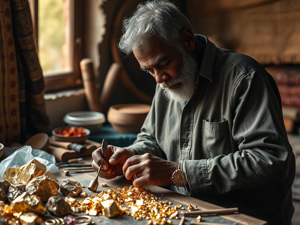 Create a highly realistic, high-resolution image that reflects the theme of the blog titled "Les transformations des matières premières dans l'AES". The composition should focus on a single, prominent subject: a skilled artisan in the middle of crafting a piece of jewelry from raw gold or precious minerals, symbolizing the transformation of valuable raw materials. The artisan, a middle-aged African man, should be depicted in a workshop setting, showcasing intricate tools and a workbench filled with gleaming