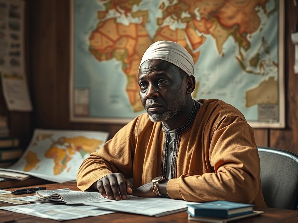 **AI Image Generation Prompt:**

Create a highly realistic high-resolution photo focused on a single, strong subject that conveys the theme of "Analyse des Enjeux Géostratégiques au Sahel." The photo should capture a seasoned African analyst or political expert sitting at a weathered wooden desk, surrounded by maps and geographical documents depicting the Sahel region.

The subject should have an expression of deep contemplation, symbolizing the importance of understanding the intricate geopolitical dynamic