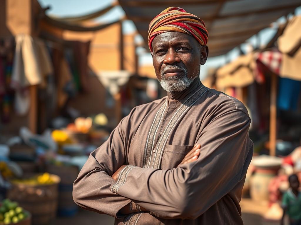 Create a realistic high-resolution photo that embodies the theme "Les Défis Économiques au Sahel." The composition should center around a single subject: a determined African entrepreneur, a middle-aged man wearing a traditional outfit, standing confidently with his arms crossed in a local marketplace. His expression should reflect resilience and hope in the face of economic challenges. 

The background should depict a vibrant Sahelian market scene, with stalls showcasing local produce, textiles, and crafts