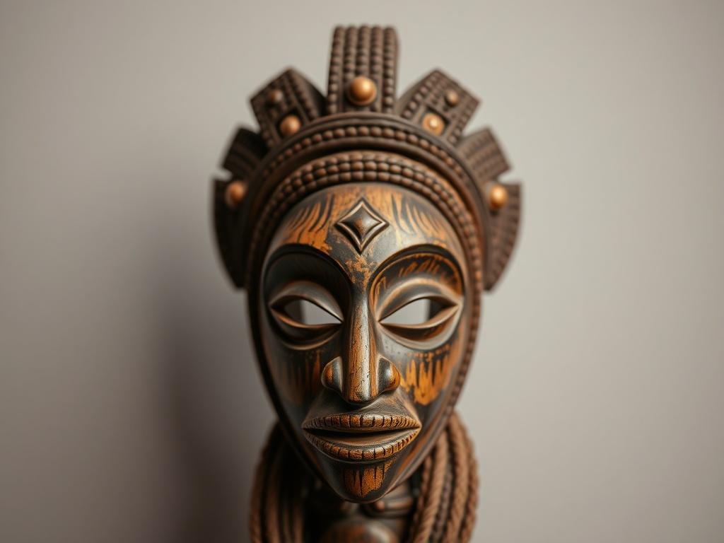 A realistic high-resolution photo of a traditional African cultural artifact, such as a beautifully crafted mask or sculpture, prominently displayed against a simple, neutral background. The focus should be on the intricate details of the artifact, showcasing its craftsmanship and cultural significance. The lighting should enhance the textures and colors, creating a captivating visual that reflects the depth of African history and culture.