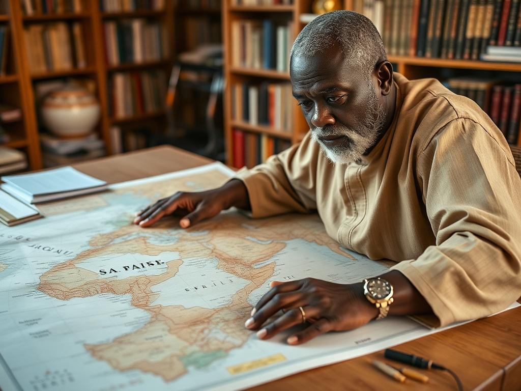 Create a highly realistic, high-resolution photo that embodies the essence of the blog titled "Comprendre les Enjeux Géostratégiques du Sahel." The composition should focus on a single subject, which is a determined African scholar, deeply engaged in studying a large, detailed map of the Sahel region spread out on a wooden table. The scholar should be depicted as a middle-aged man, wearing traditional clothing, with a serious expression that reflects his commitment to understanding the complex geopolitical 
