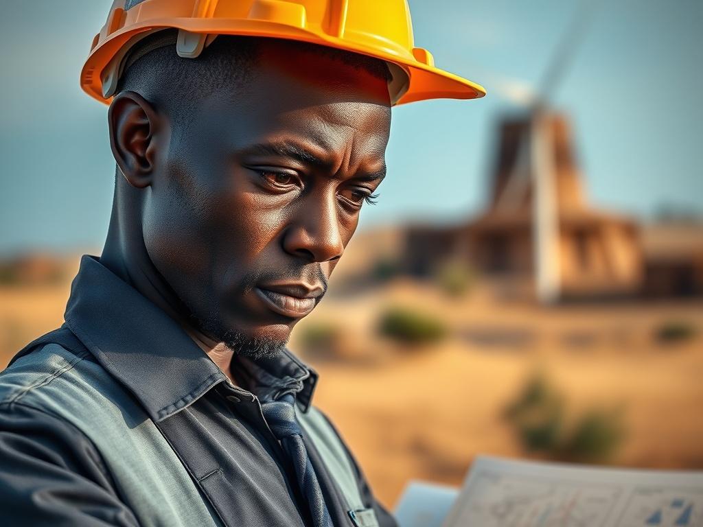 Create a realistic high-resolution photo that embodies the theme of "Souveraineté énergétique" for the Alliance des États du Sahel (AES). The composition should feature a close-up portrait of an African engineer, showcasing their focused expression as they examine a solar panel or wind turbine blueprint. The subject should be the sole focus, dressed in professional attire, with a hard hat to signify their role in the energy sector. 

In the background, include a blurred out landscape that subtly represents 