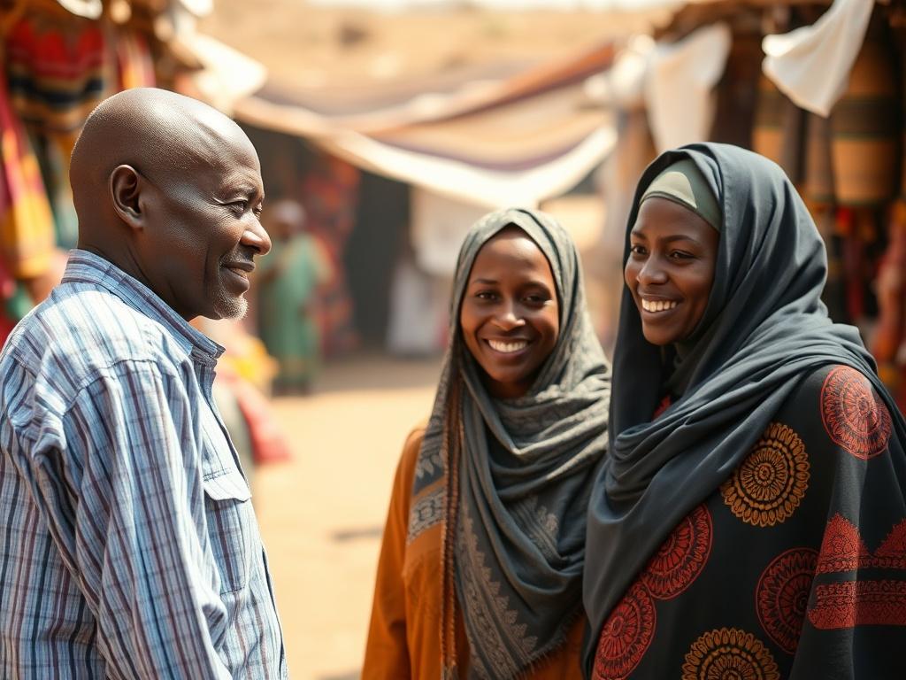Create a realistic high-resolution photo that reflects the blog titled "Unité des populations de l'AES." The composition should be simple and clear, featuring a single subject: a diverse group of three people representing different ethnic backgrounds from the Sahel region. They are smiling and engaged in a conversation, conveying a sense of unity and collaboration. 

The background should be a softly blurred landscape of a traditional market in the Sahel, with colorful textiles and local goods subtly visibl