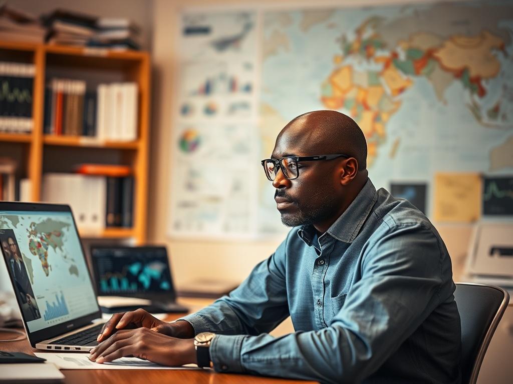 Create a realistic high-resolution photo that visually captures the essence of the blog titled "L'impact des enjeux géostratégiques au Sahel." The composition should be simple and clear, focusing on a single subject: a thoughtful-faced African analyst, deep in contemplation, seated at a well-organized desk surrounded by maps of the Sahel region, geopolitical charts, and a laptop displaying data analytics.

The subject should be a middle-aged African professional wearing glasses, dressed in a smart casual sh